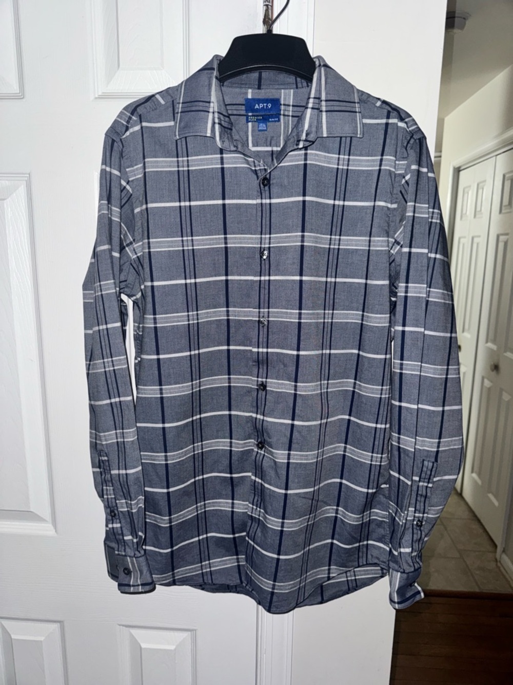 Apt. 9 Premier Flex Slim Fit Dress Shirt Mens 15.5 34/35 Gray Navy Plaid Stretch - Picture 2 of 10
